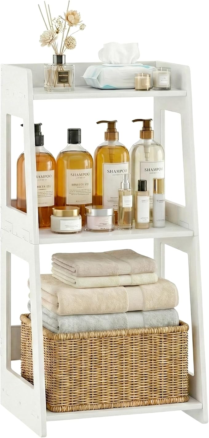 3-Tier Bathroom Ladder Shelf Freestanding, White Floor Shelves Open Shelving Unit, Small Bookshelf Nightstand for Home Study Laundry Room (11.0”D x 12.6”W x 26”H)