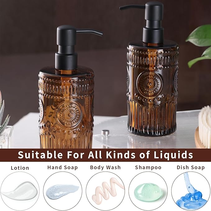17 OZ Sunflower Embossed Glass Soap Dispenser - 2 Pack, with 304 Rust Proof Stainless Steel Pump, Glass Soap and Lotion Dispenser Set, Liquid Hand Soap Dispenser for Home, Kitchen & Bathroom (Amber)