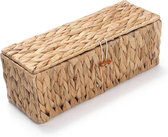Wicker Bathroom Basket with Lid, Water Hyacinth Toilet Tank Basket with 3 Compartments, Woven Storage Box for Bathroom Organizer (13.2 x 5.1 x 4.5 inch)