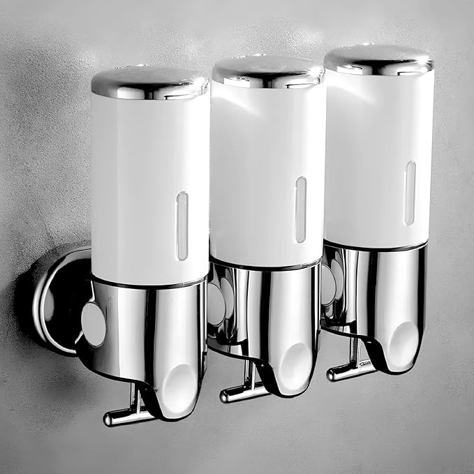 3 in 1 Chamber Wall Mounted Bathroom Shower Pump Dispenser and Organizer-Holds Shampoo, Soap, Conditioner, Shower Gel, for Bathroom Kitchen Hotel (White)