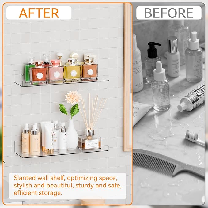 4 Pcak Clear Acrylic Shelves for Bedroom,Room,15 Inch Bathroom Wall Shelf & Organizer,Invisible Floating Shelves & Wall Storage for Collectibles Perfume Shelf,Record,Funko Pop,Lego Display,Bookshelf