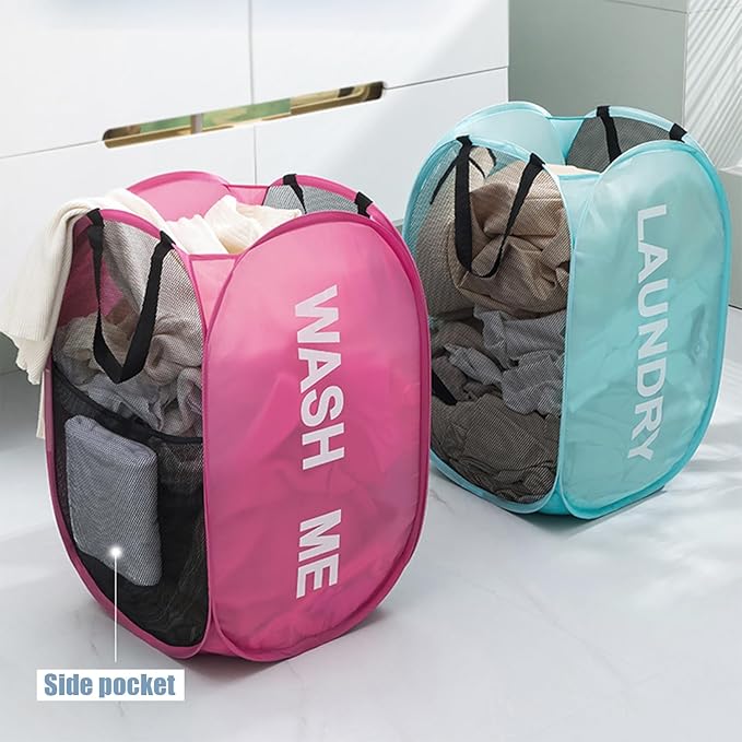 2pcs Pop Up Mesh Laundry Hamper Room Collapsible Storage Bin Lightweight Basket For College Dorm Home Travel Camping (Pink & Mint blue)