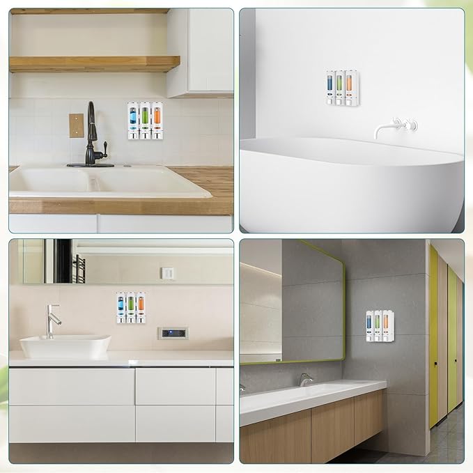 White 3-Chamber Wall Mounted Dispenser for Shower, Bathroom, Kitchen or Hotel - No Drilling Required, Holds Shampoo, Conditioner and Body Wash