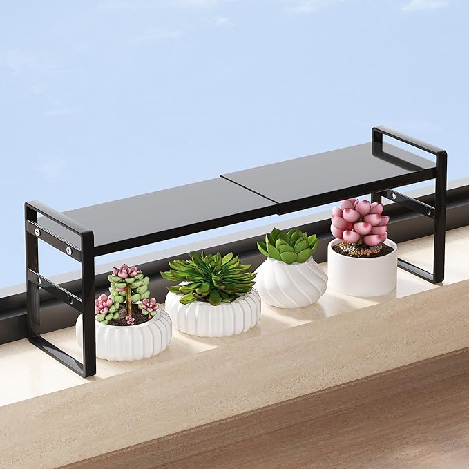 1pc Small Narrow Tall Shelf for Windowsill Kitchen Organizer Stackable Shelves Bathroom Sill Thin Shelves for Narrow Spaces Counter Top Racks (Black, L13.8-23.6'' * W5.9'' * H7.2'')