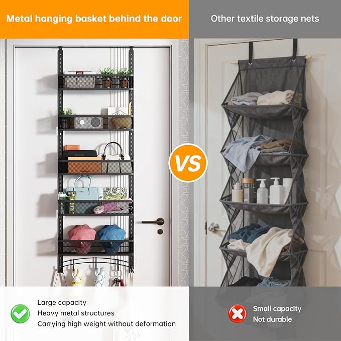 Space-Saving Over The Door Organizer with 5 Adjustable Baskets & 5 Hooks, Metal Wall Mount Storage Rack, Behind The Door Storage for Bathroom, Kitchen, Pantry, Laundry Room (Black)