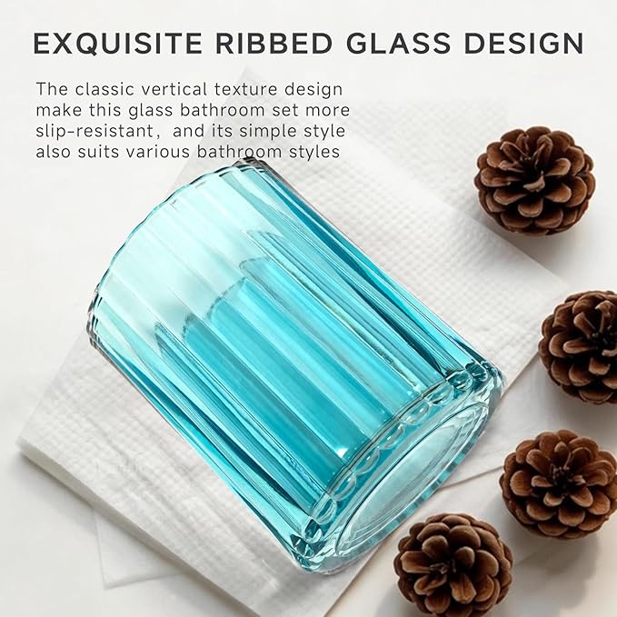 2 PCS Teal Blue and Gold Glass Bathroom Accessory Sets, Blue Bathroom Set, Soap Dispenser and Toothbrush Holder Set for Modern Bathroom Decor