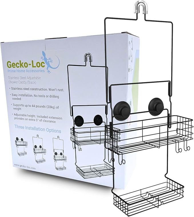 Gecko-Loc Extra Long Wide Adjustable Length over the showerhead hanging shower caddy organizer - for Shampoo, Soap, & Razors - Black