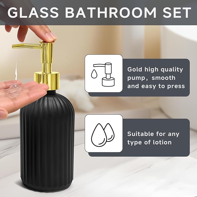 2 PCS Black and Gold Glass Bathroom Accessory Sets, Black Bathroom Set, Soap Dispenser and Toothbrush Holder Set for Modern Bathroom Decor