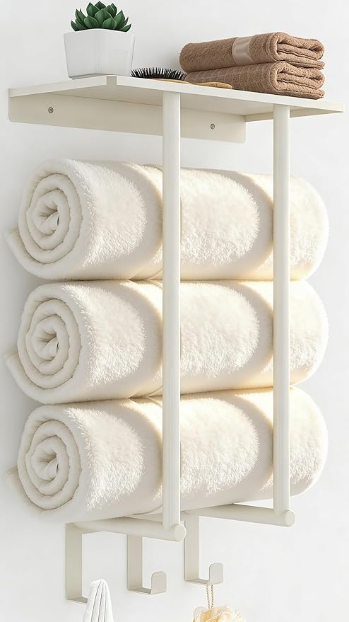 Towel Rack with Shelf and 3 Hooks, Bethom Towel Holders for Bathroom Wall Mounted, Metal White Towel Racks can Hold 3 Large Bath Sheets Blanket
