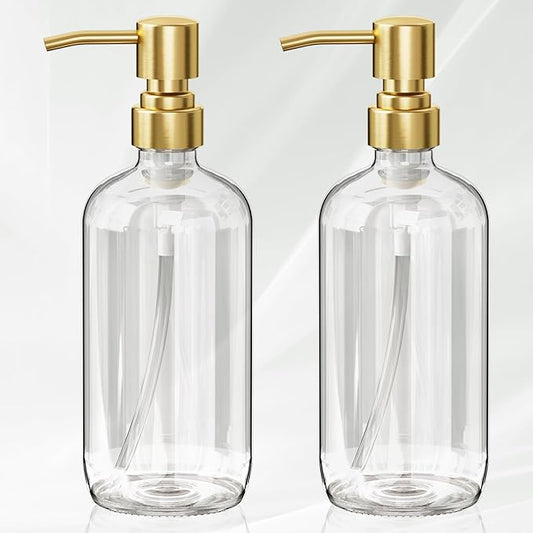 AmazerBath Soap Dispenser, 2 Pack Glass Soap Dispenser with Pump Stainless Steel, 17 Oz Clear Gold Hand Soap Dispensers for Bathroom and Kitchen