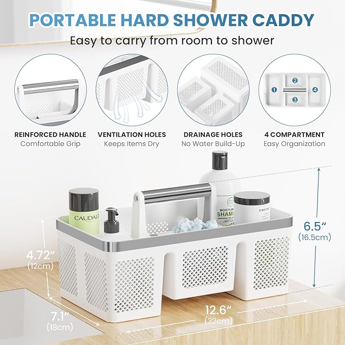 BYUNER 2Pack Plastic Shower Caddy: Portable Shower & Bathroom Caddy Tote with Handle, 4 Divided Compartments, Hard Plastic Shower Basket with All-Side Drainage for College Dorm Room Essentials
