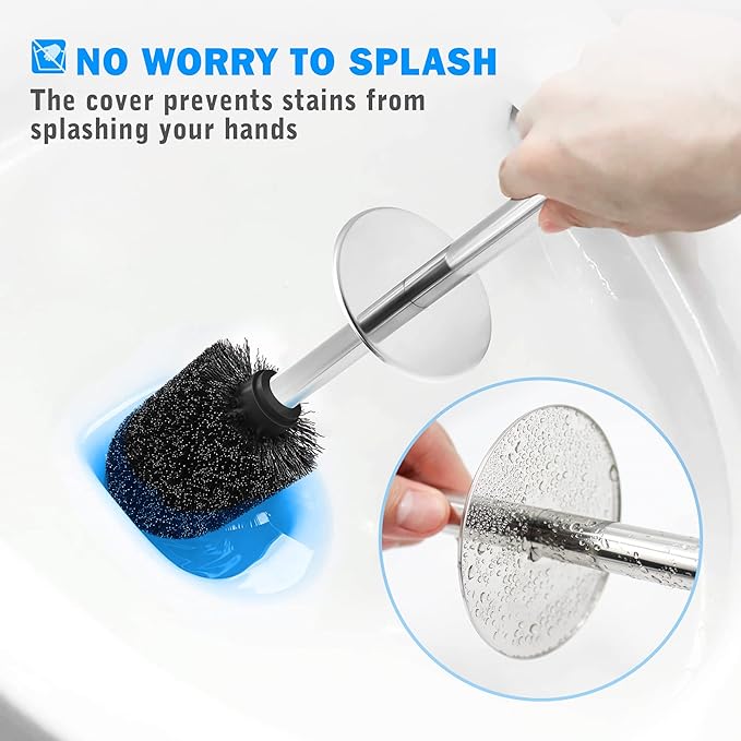 Toilet Brush and Holder, 2 Pack Toilet Brush with 304 Stainless Steel Long Handle, Toilet Bowl Brush for Bathroom Toilet-Ergonomic, Elegant,Durable (Black)