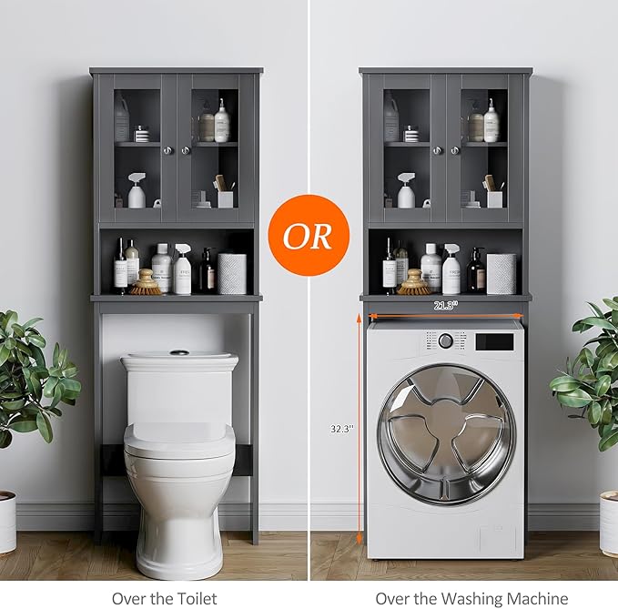 Over the Toilet Storage Cabinet, Bathroom Storage Cabinet Over Toilet, Space Saver with 2 Tempered Glass Doors, Grey