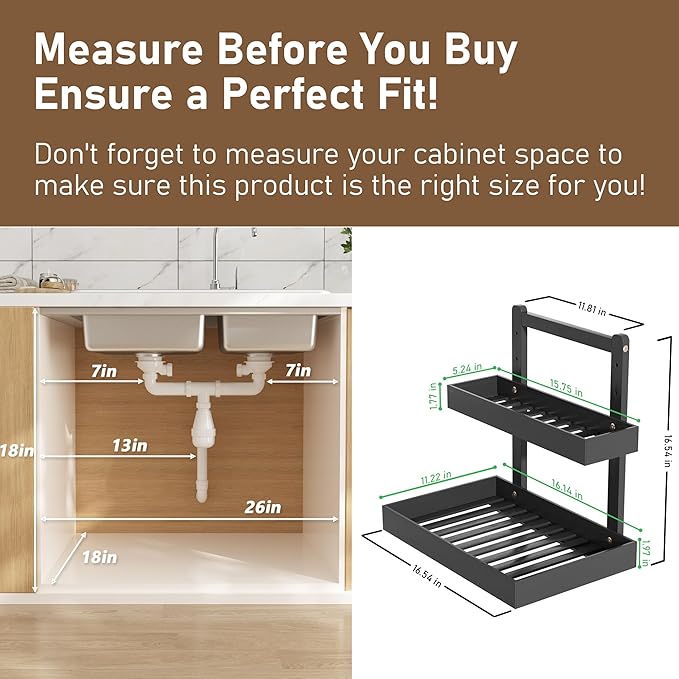Bamboo Under Sink Storage 2 Tier Pull Out Cabinet Organizer Slide Out Under Sink Storage Shelf Undersink Organizers Shelves for Kitchen Bathroom Organization (Black, 2 Packs)