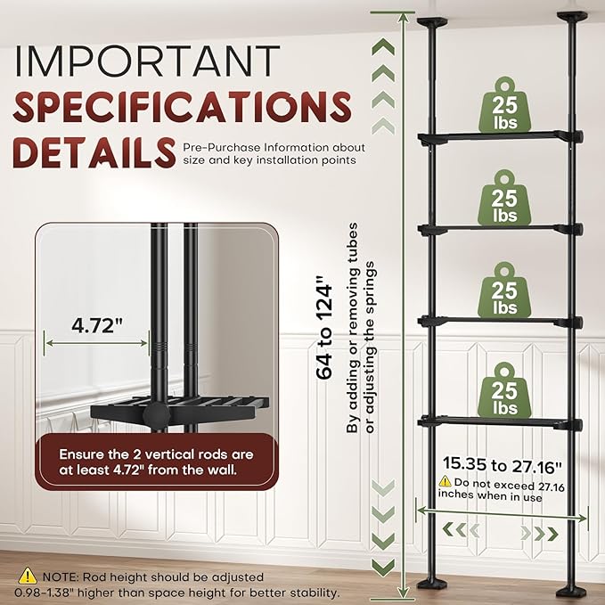 Goovilla Over The Toilet Storage Shelf, 4 Tier Bathroom Organizer Shelves with 64-124inch(H) 15-27inch(W) Adjustable No Drilling Tension Mounting, Black Space Saver Bathroom Shelf Rack Above Toilet