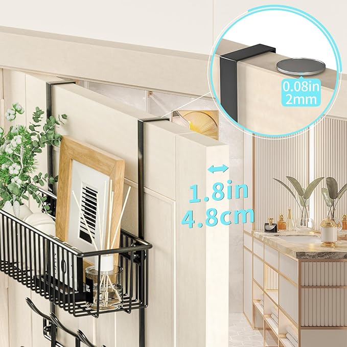 Kaiferty Over The Door Hooks Organizer,Door Hanger Door Storage with Basket,Over The Door Towel Rack Coat Hooks with 12 Hooks,for Bathroom,Bedroom,Kitchen,Office,Apartment(Black)