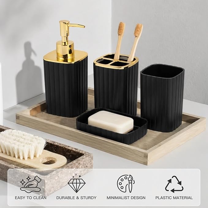 4-Piece Bathroom Accessories Set, Black and Gold Bathroom Set Includes Soap Dispensers, Toothbrush Holder, Soap Dish and Cup, Black Gold Bathroom Decor for Modern Homes