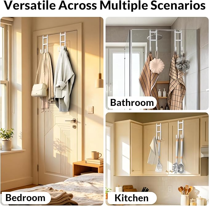 Over the Door Hanger Organizer, Heavy Duty Metal Door Hooks for Hanging, Double Hook Coat Rack with Rubber Coating, Slim Fit Towel Holder, Fits Interior Doors Up to 1 3/8"
