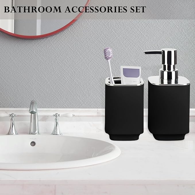 Black Bathroom Accessories 2 Pieces, Soap Dispenser and Toothbrush Holder Set for Boho Bathroom