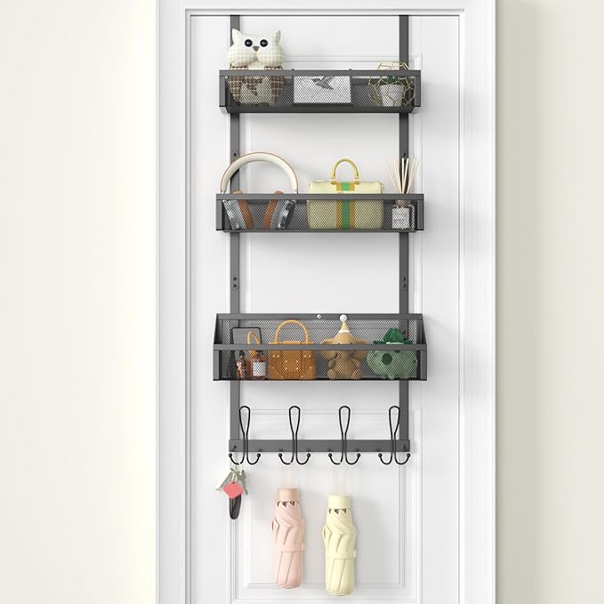 Over The Door Shower Caddy, Over The Door Hook Organizer with 12 Hooks & 3 Mesh Baskets – Space-Saving Towel Rack & Storage Hanger for Bathroom, Kitchen, Bedroom, No Drill Door Hooks, Black