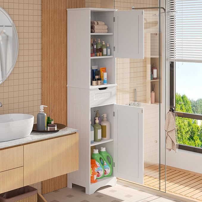 Gizoon 67" H Tall Bathroom Storage Cabinet, Narrow Storage Cabinet with 2 Doors & Drawer, Towel Cabinet with Freestanding Adjustable Shelves for Small Spaces, Kitchen, Living Room, Anti-Tipping, White