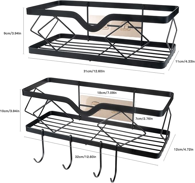 2 Pack Adhesive Shower Caddy Bathroom Shelf, Stainless Steel Shower Organizer Shower Shelves for Inside Shower No Drilling Rustproof Conditioner Shampoo Storage Holder(Black)