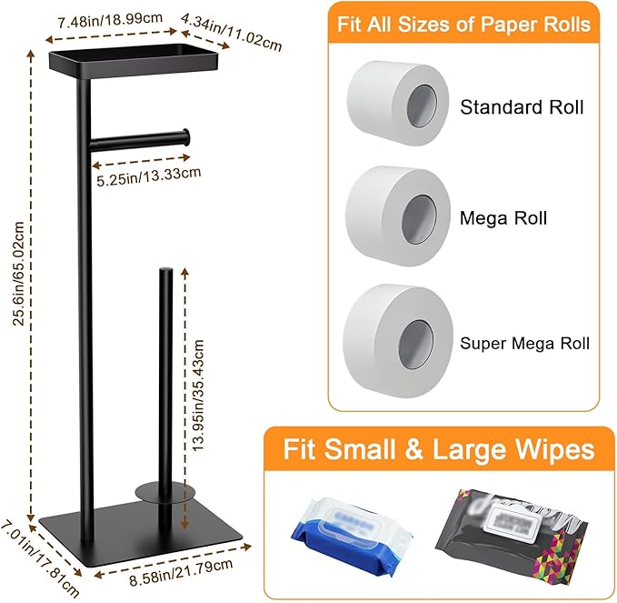 Freestanding Toilet Paper Holder Stand with Storage, Rustproof Metal Bathroom Paper Stand with Weighted Anti-Slip Base, Fits 4 Spare Rolls and Shelf for Phone & Small Items, No Drilling