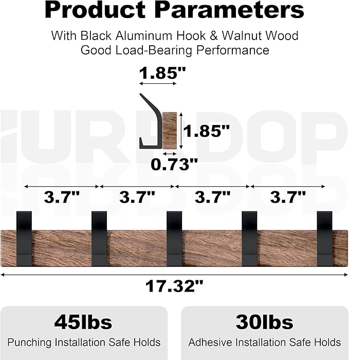 17 Inch Black Walnut Wood Wall Mounted Coat Rack with 4 Black L Hooks, Adhesive Mounted Entryway Hooks, Modern Natural Wooden Pegs for Hanging Coat Clothes Hat Bag Purse Key and Towel