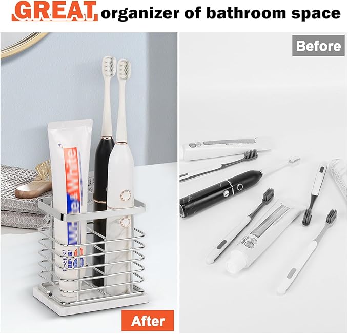 Toothbrush Holder, Luxurious Metal Toothbrush Toothpaste Holder with Marble Base for Bathroom, Multi-Slots Openwork Design, Bathroom Accessory for Storage and Organizer (Small, Chrome)