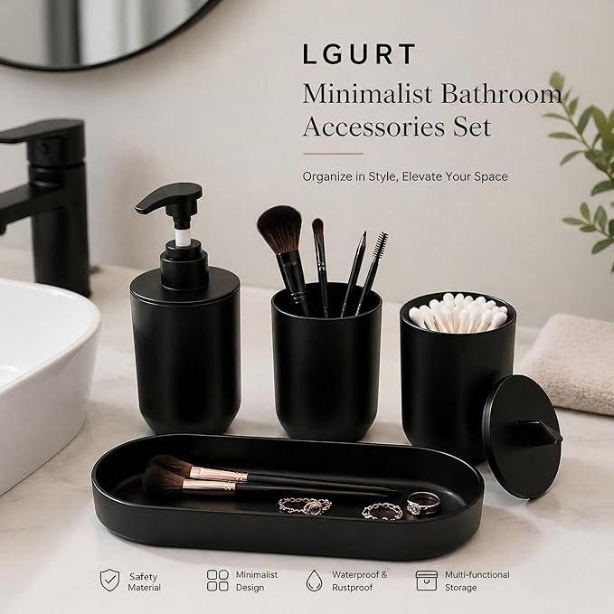 4-Piece Bathroom Accessories Set, Matte Black Plastic Countertop Organizer with Lotion Soap Dispenser, Tumbler, Cotton Swab Cup & Vanity Tray – Modern Bathroom Decor for Home