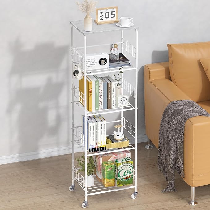 5 Tier Metal Wire Storage Rack with Wooden Top, Versatile Utility Organizer with Casters for Laundry Pantry Bathroom, Kitchen Organizers and Storage Shelving Unit Rolling Utility Carts, Grey