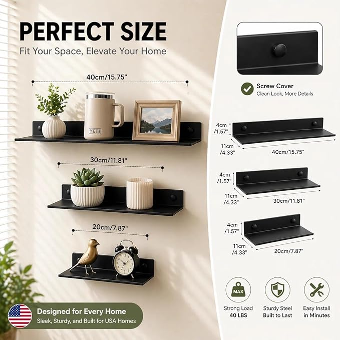 Z metnal Bathroom Shelf, Small Floating Wall Shelves, Decorative Ledge Shelf, Aluminum, Wall Mounted, Matt Black, 16/12/8 inch, 3 Packs