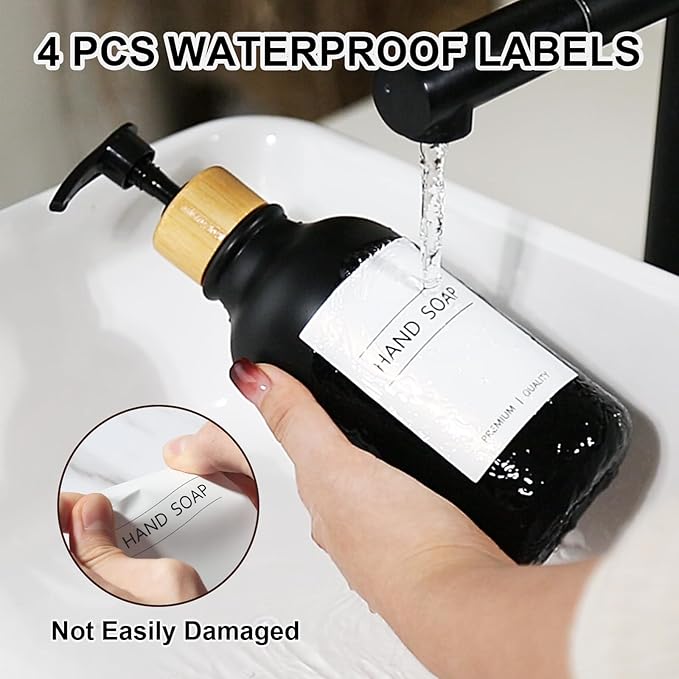KASUNTING Hand and Dish Soap Dispenser Set, Plastic Kitchen Soap Dispenser Set with Bamboo Tray, 17 Fl Oz Black Soap and Lotion Dispensers Sets with 4 Pack Labels for Kitchen & Bathroom Countertop