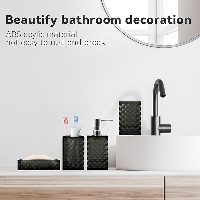 Bathroom Accessory Set, 4 PCS Black Bathroom Accessories Set, Soap Dispenser and Toothbrush Holder Set, Soap Dish and Mouthwash Cup, Boho Bathroom Decor, Plastic Bathroom Sets Accessories