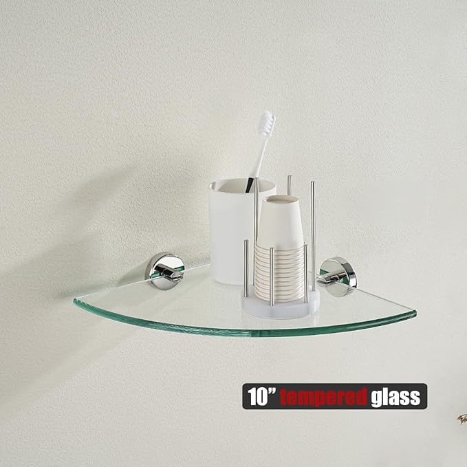 JQK Corner Glass Shelf, Polished Chrome Bathroom 304 Stainless Steel Shower Triangle Floating Wall Shelf, 10 x 10 Tempered Glass, 3 Pack, TGS190L10-CH-P3