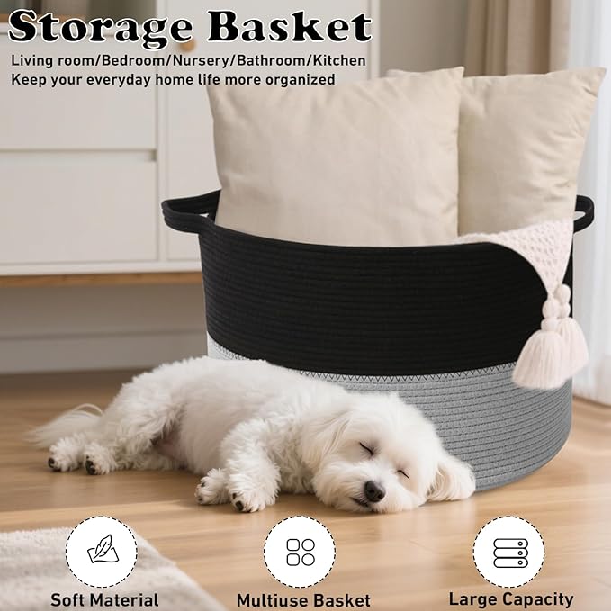 115L Large Blanket Basket,Woven Rope Laundry Basket Hamper with Handles, Decorative Nursery Basket Storage Bin for Toys, Clothes Organizer, Living Room, Bedroom, Bathroom, Black&Light Grey