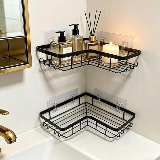 Shower Caddy 2 Pack, No Drilling Adhesive Bathroom Organizer Shelf Rack, Corner Shower Shelf with Hooks for Home Decor & Storage (Black)