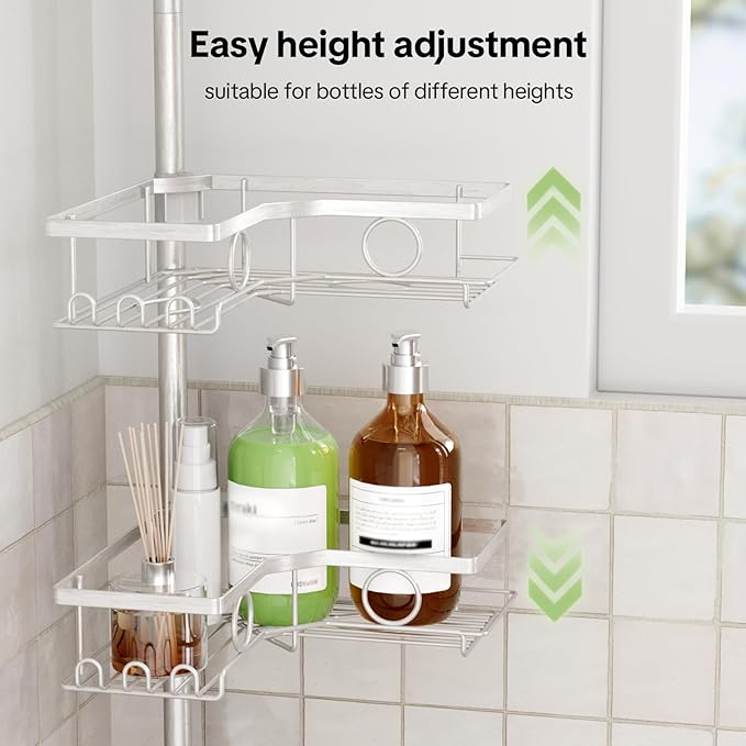 Corner Shower Caddy Tension Pole, 4 Tier Rustproof Shower Tension Rod Organizer with Soap Holder & Hooks, Adjustable 30-121 Inch Bathroom Shelf for Renters - Family Stand Storage Rack, Silver