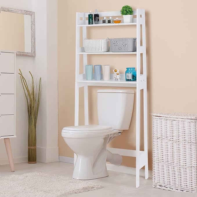 SUPER DEAL 3 Tiers Over The Toilet Bathroom Storage Shelf, Freestanding Wooden Bathroom Organizer Rack with Shelves for Laundry Restroom, White