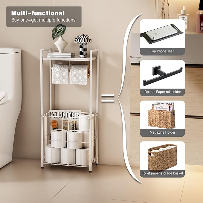 VOLDRA Toilet Paper Holder Stand with Storage Shelf, Free Standing Toilet Paper Roll Holder with Large Basket Heavy Duty Floor Double Tissue Dispenser for Bathroom Freestanding Tp Holder (Matte White)