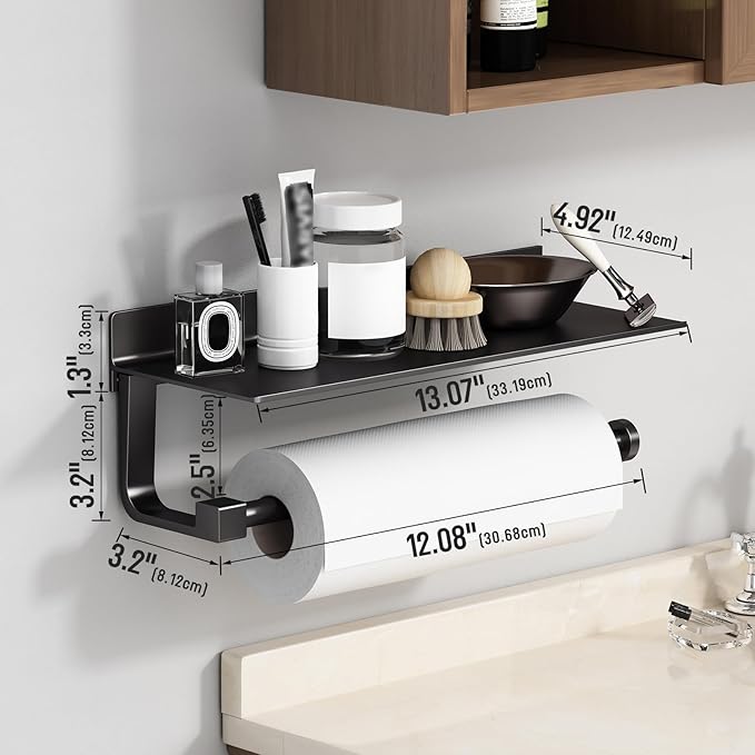 Danpoo Wall Mount Paper Towel Holder with Shelf for Bathroom/Kitchen, Adhesive Hand Towel Holder, Matte Black
