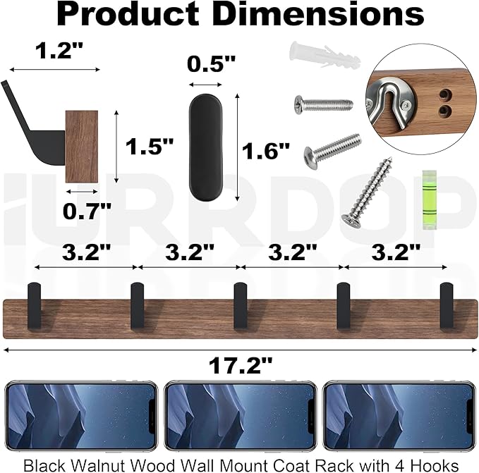 17 Inch Walnut Wood Wall Mounted Coat Rack with 5 Black Hooks, Adhesive Mounted Entryway Hooks, Modern Natural Wooden Pegs for Hanging Coat Clothes Hat Bag Purse Key and Towel