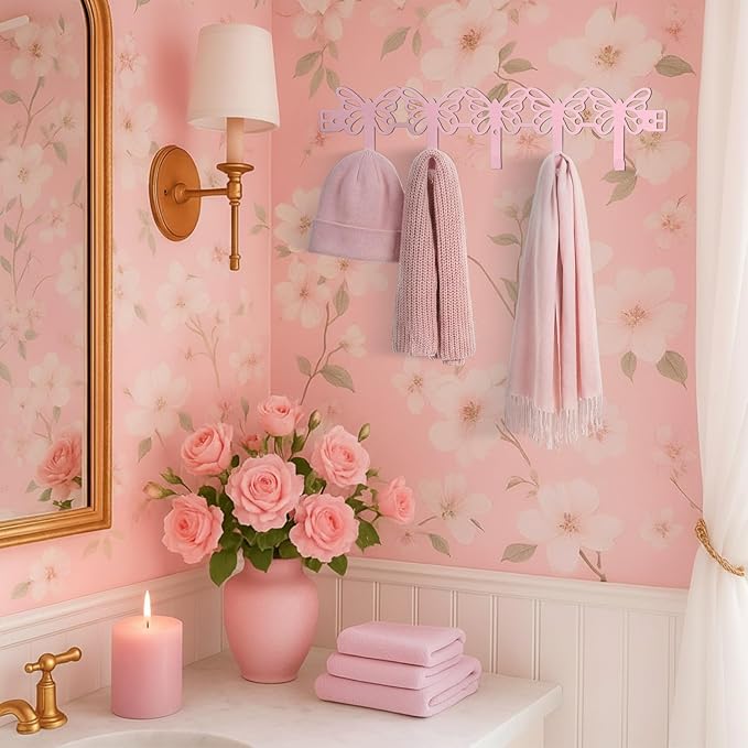 AceOrbit Pink Butterfly Over The Door Hooks Wall Mount Towel Hanger Cute Door Holder Rack with 5 Hooks Hanging Towel, Coat Keys, Bags, Hats, Clothes for Bedroom Bathroom Kitchen Dorm Room Organizer