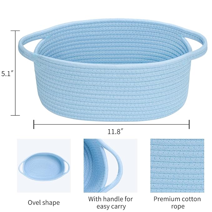 ABenkle Small Basket with Handles - Decorative Durable Rope Woven Storage Bin Shelf Storage Organizer Cube, Easter Baby Gift Basket, 12"x8"x5", Blue