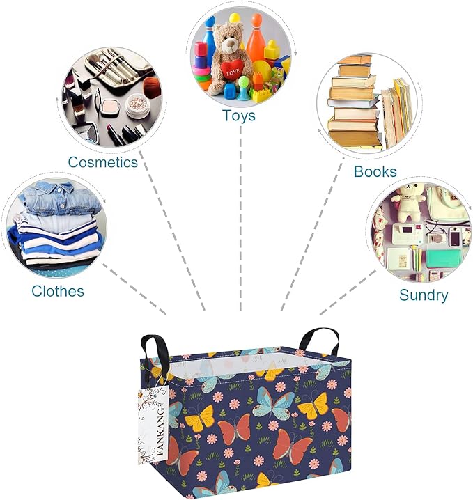 Storage Bins, Nursery Hamper Canvas Laundry Basket Foldable with Waterproof PE Coating Large Storage Baskets for Kids Boys and Girls, Office, Bedroom, Clothes,Toys(Rec-Colorful Butterfly ）