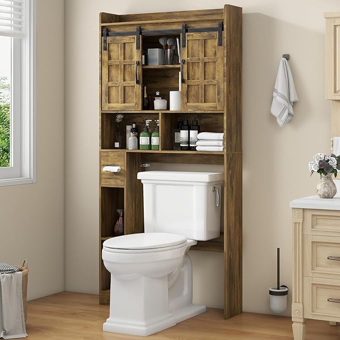 Halitaa Over The Toilet Storage Cabinet, Farmhouse Storage Cabinet Over Toilet with Sliding Doors，Home Space-Saving Toilet Rack, for Bathroom, Restroom, Laundry(Brown
