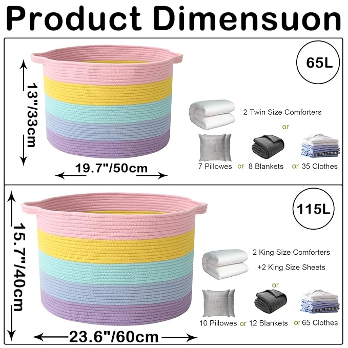 115L Large Blanket Basket,23.6" L x 23.6" W x 15.7" H Rope Woven Baskets with Handles, Toys Storage Bins,Laundry Basket Perfect for Living Room, Nursery,Bedroom,Home Organization,Colorful