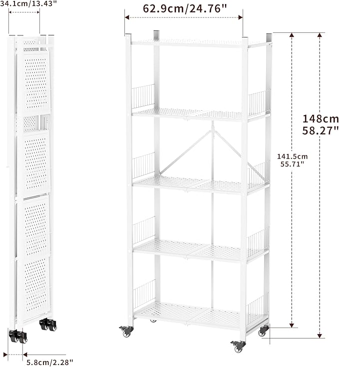 Folding Shelves No Assembly, 5 Tier Heavy Duty Foldable Storage Shelves with Wheels, 220LBS Per Shelf Metal Collapsible Rack for Garage Pantry, White