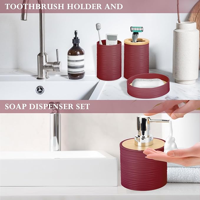 4 Pieces Bamboo Bathroom Accessories Set, Bathroom Accessory Set with Soap Dispenser and Toothbrush Holder, Soap Dish and Toothbrush Cup, Boho Bathroom Decor(Burgundy)