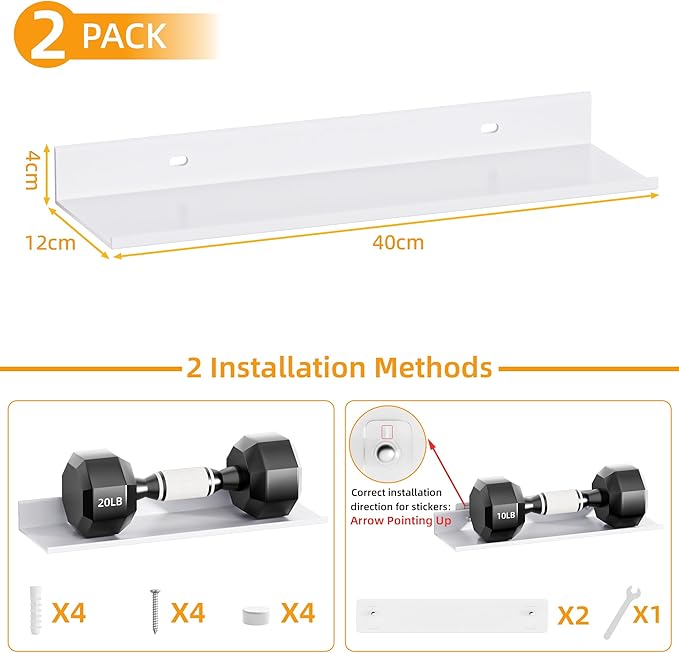 Wisfame Adhesive Floating Shelves, 15.7" Metal Bathroom Shelves for Wall Set of 2, Modern White Wall Shelf for Living Room, Bedroom Storage Display Decorative